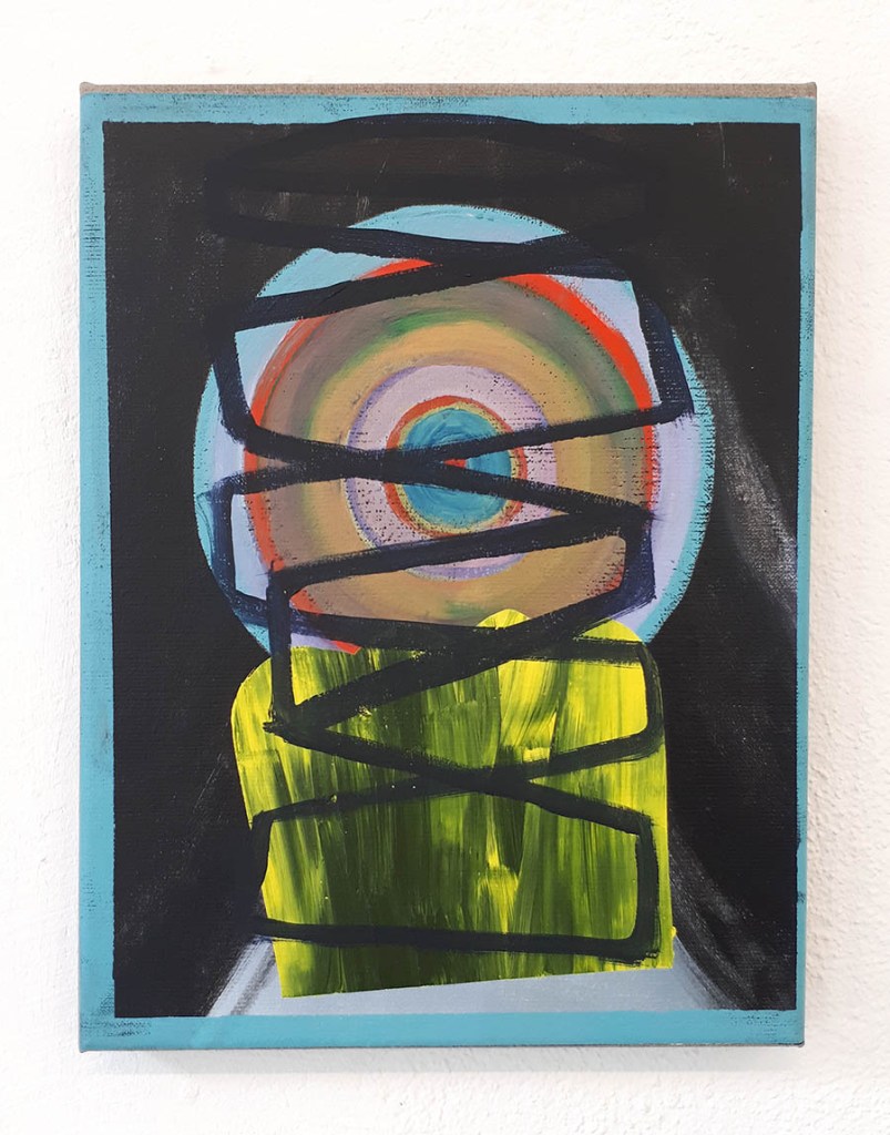 Abstract painting featuring concentric circular shapes in varying colors surrounded by black lines, set against a dark background with vibrant green and blue elements.