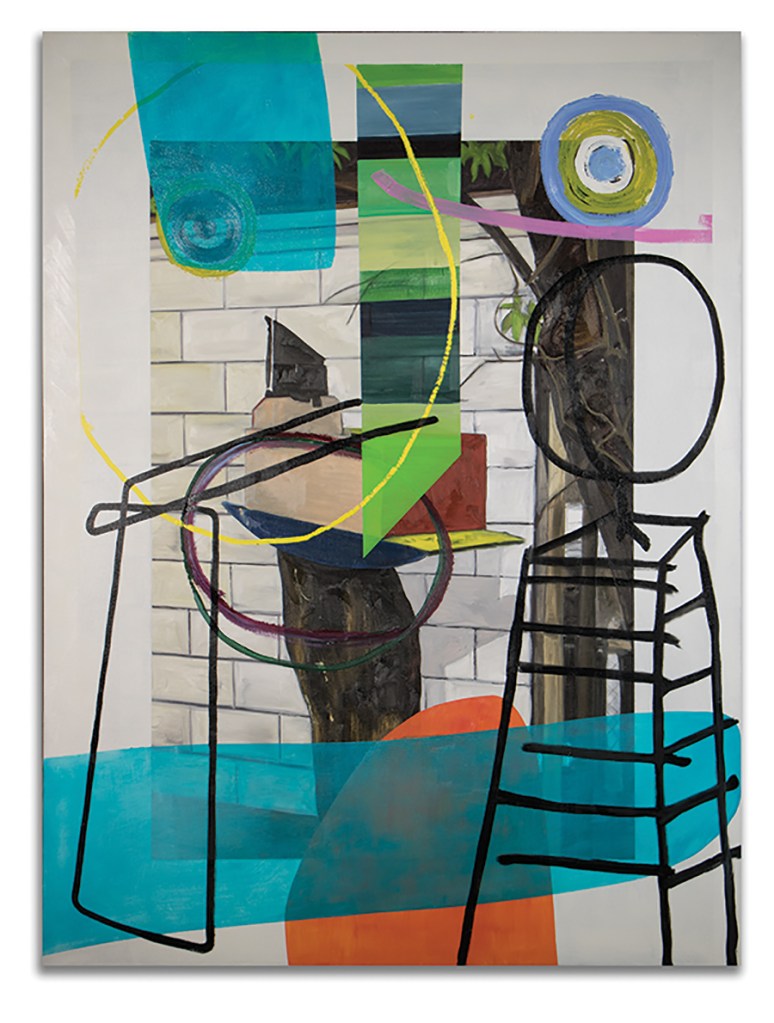 An abstract painting featuring geometric shapes, bold colors, and a stylized depiction of a figure and a ladder against a textured background.