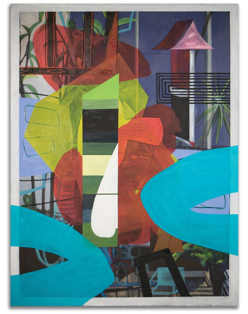 An abstract painting featuring vibrant colors and geometric shapes, including greens, reds, and blues, layered over a background of furniture and plants.