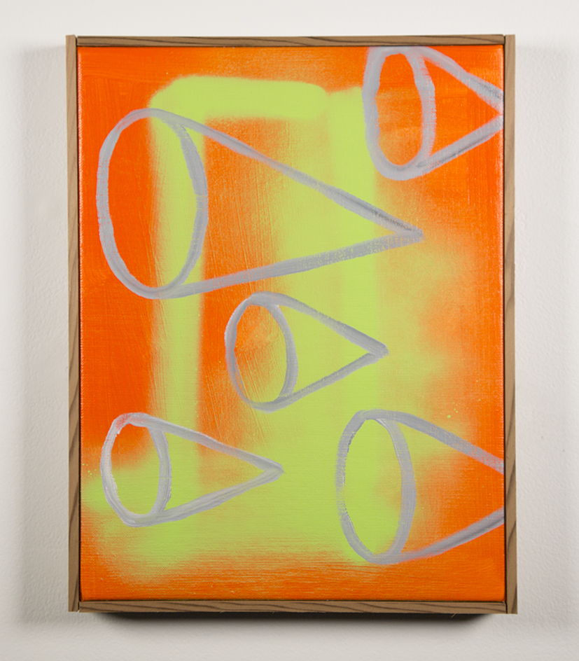 An abstract painting featuring orange and green background with gray cone shapes overlaying the vibrant colors.