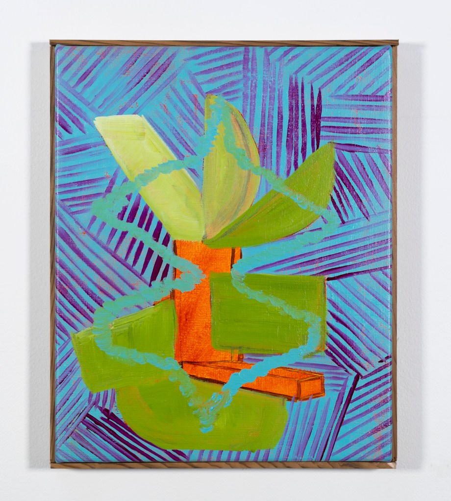 Abstract painting featuring bold colors and geometric shapes, including green leaves, orange and green blocks, set against a vibrant blue and purple background.