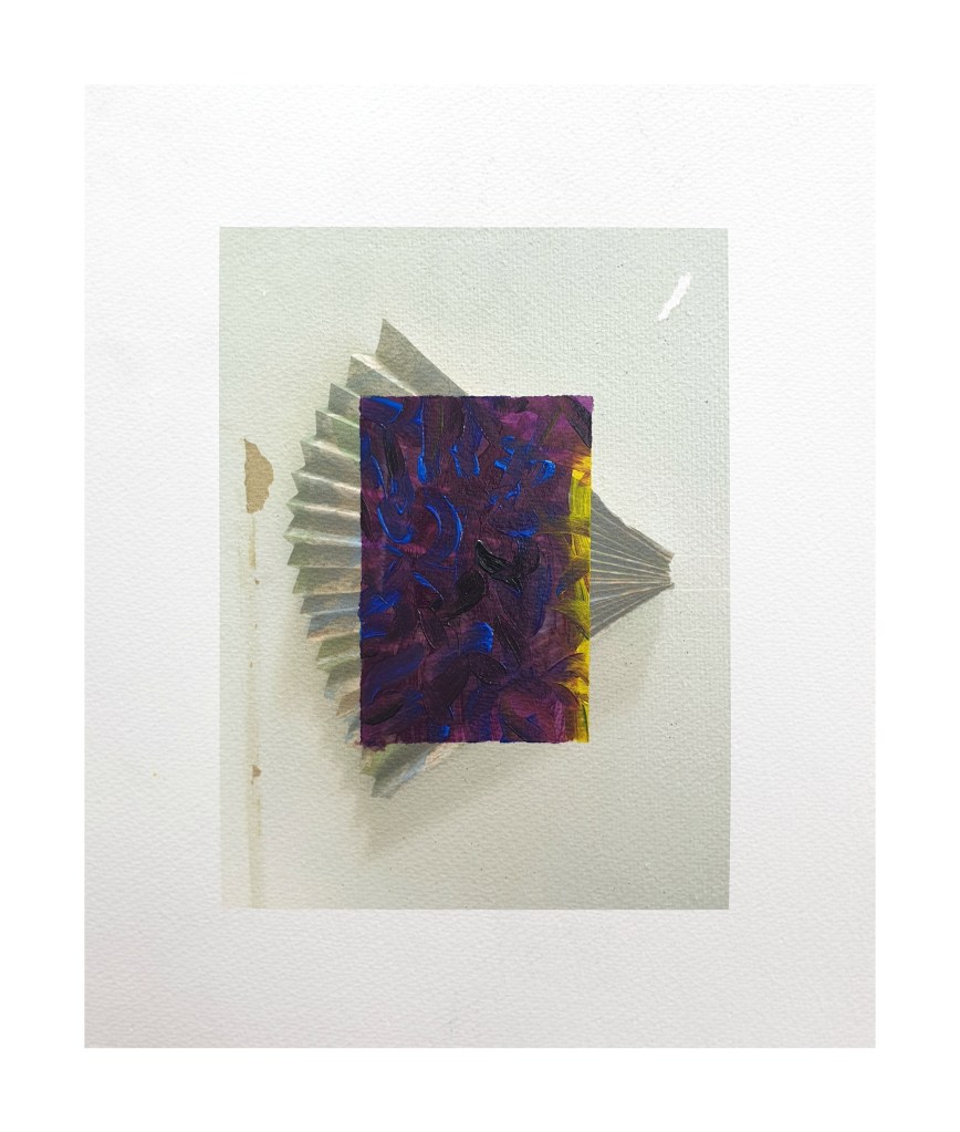 Abstract artwork featuring a layered composition with a central rectangular block of vibrant purple and yellow paint, surrounded by gray fan-like textures on a white background.