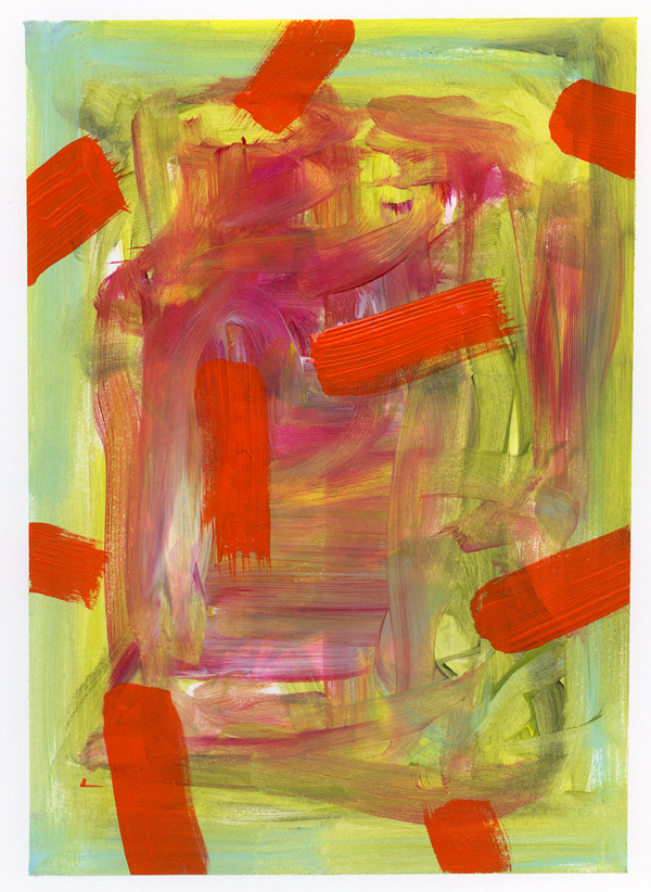 An abstract painting featuring vibrant colors, including shades of green, pink, and red, with bold red brush strokes overlaying a swirling background.