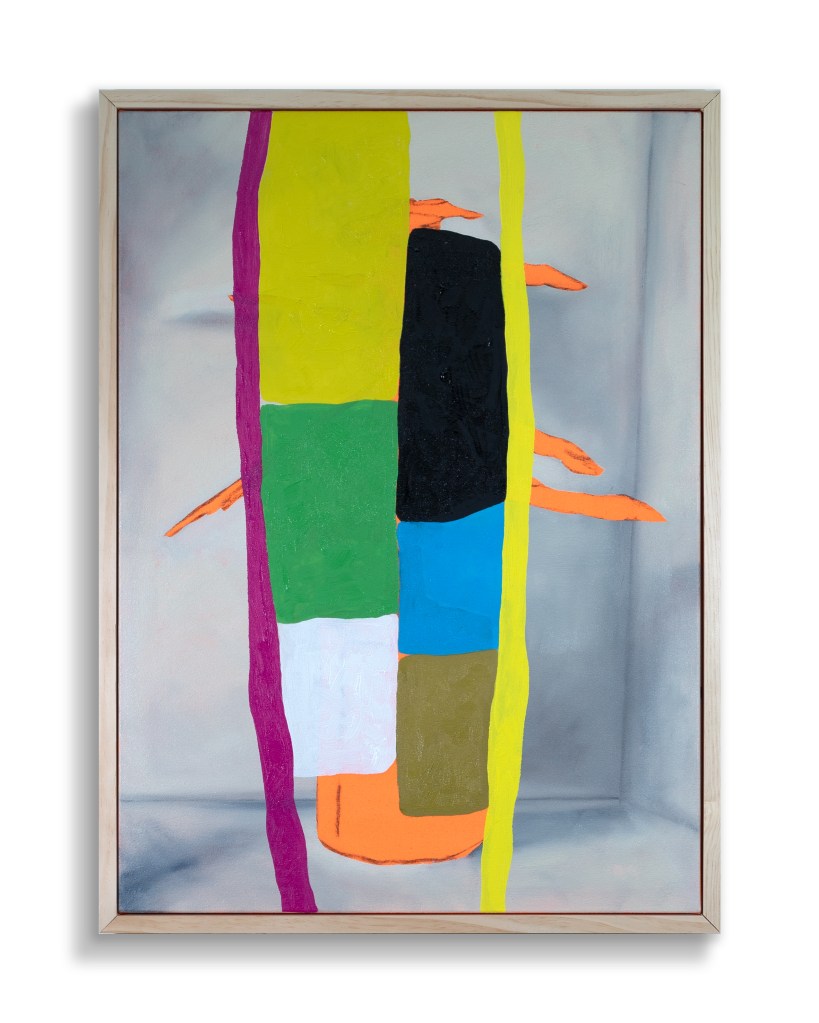 A colorful abstract painting featuring vertical blocks of various hues including orange, green, blue, black, and yellow, set against a grey background.