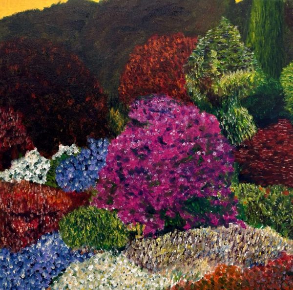 Oil painting of a garden scene in bright colours